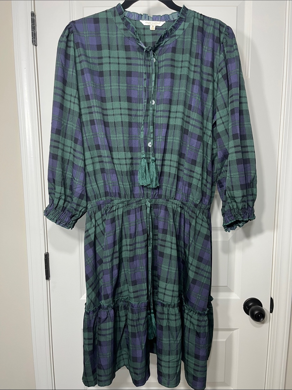 Simply Southern Plaid Tassel Tiered Mini Dress Green Purple Size M